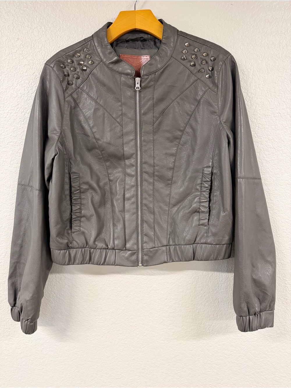Miss London Charcoal Grey Stud-Shoulder Faux Leather Bomber Jacket
